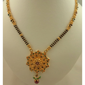 22 Karat Gold 2 Rows Long  Mangalsutra with Meenakari Pendant with Pearl, Emerald and Ruby Stone