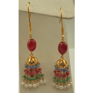 22 Karat Gold  with Emerald,Ruby, Sapphire and Pearl Drop Earring