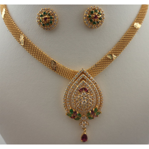 22 Karat Gold Teardrop Multi Coloured Stone Necklace Set